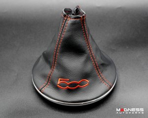 FIAT 500 Gear Shift Boot + Retaining Ring Set- Black EcoLeather w/ Red Stitching + 500 Logo